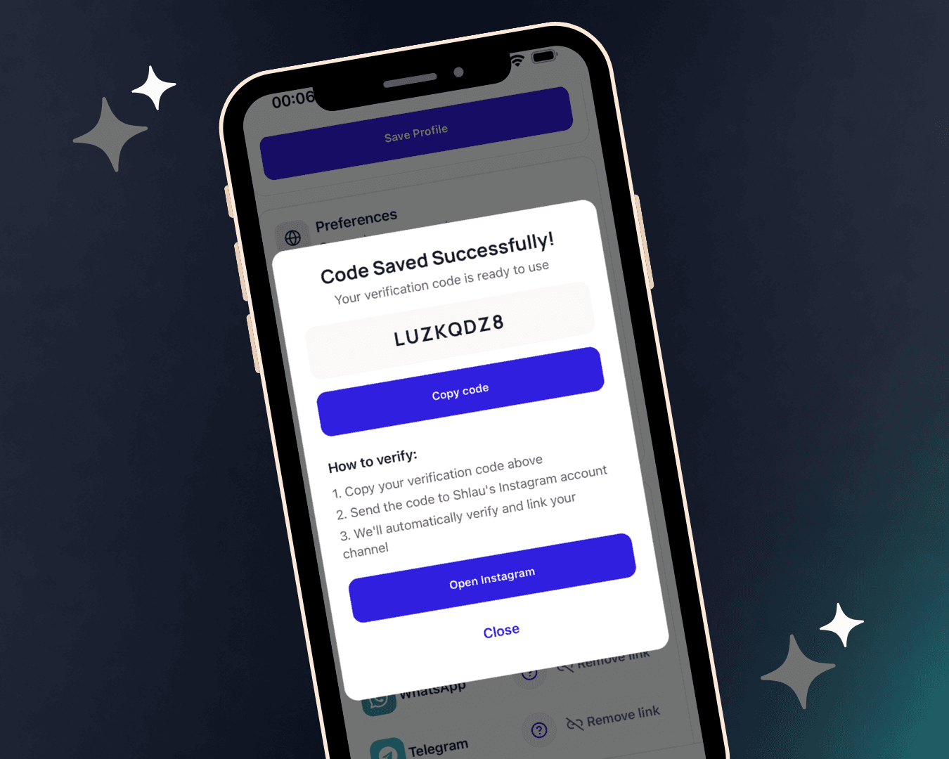 Shlau channel verification with a one-time code in WhatsApp or Telegram